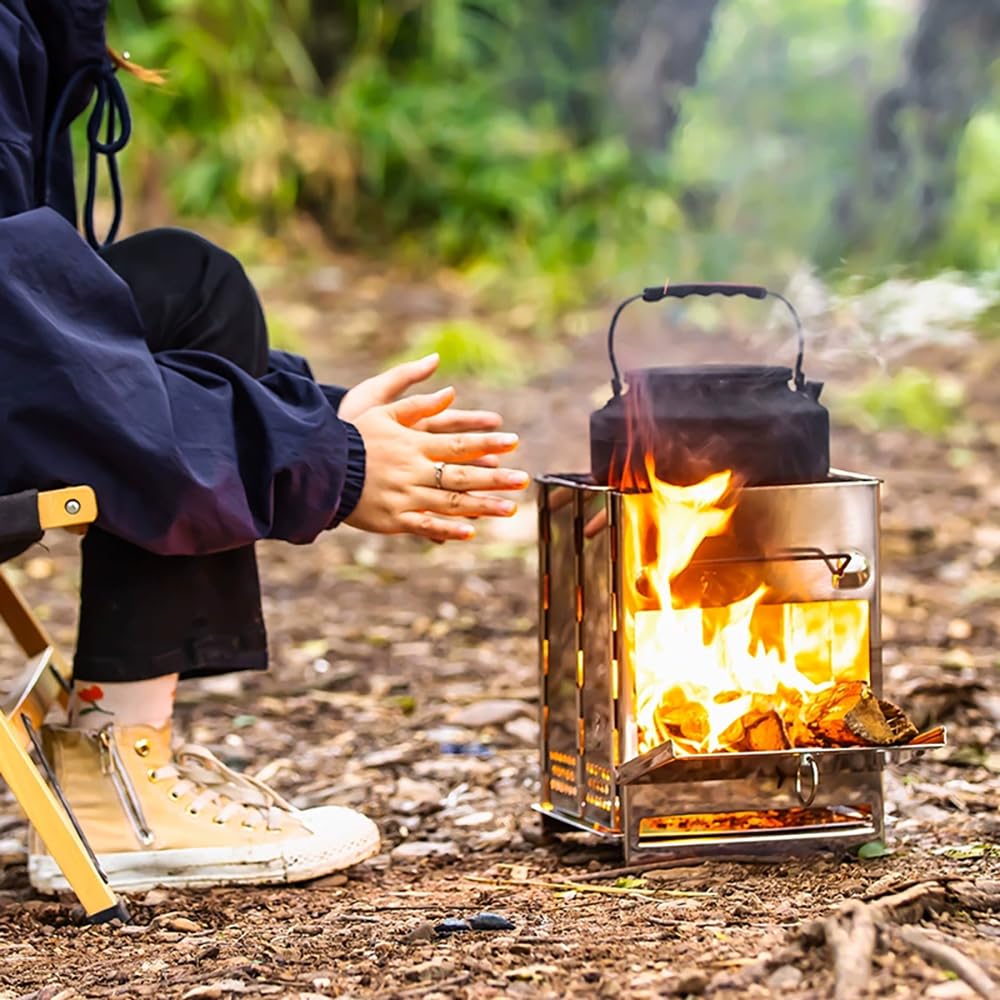 Portable Folding Camping Stove with Grill – Stainless Steel Wood-Burning Fire Pit for Hiking, Backpacking, BBQ & Outdoor Cooking (Silver)