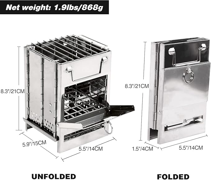 Portable Folding Camping Stove with Grill – Stainless Steel Wood-Burning Fire Pit for Hiking, Backpacking, BBQ & Outdoor Cooking (Silver)
