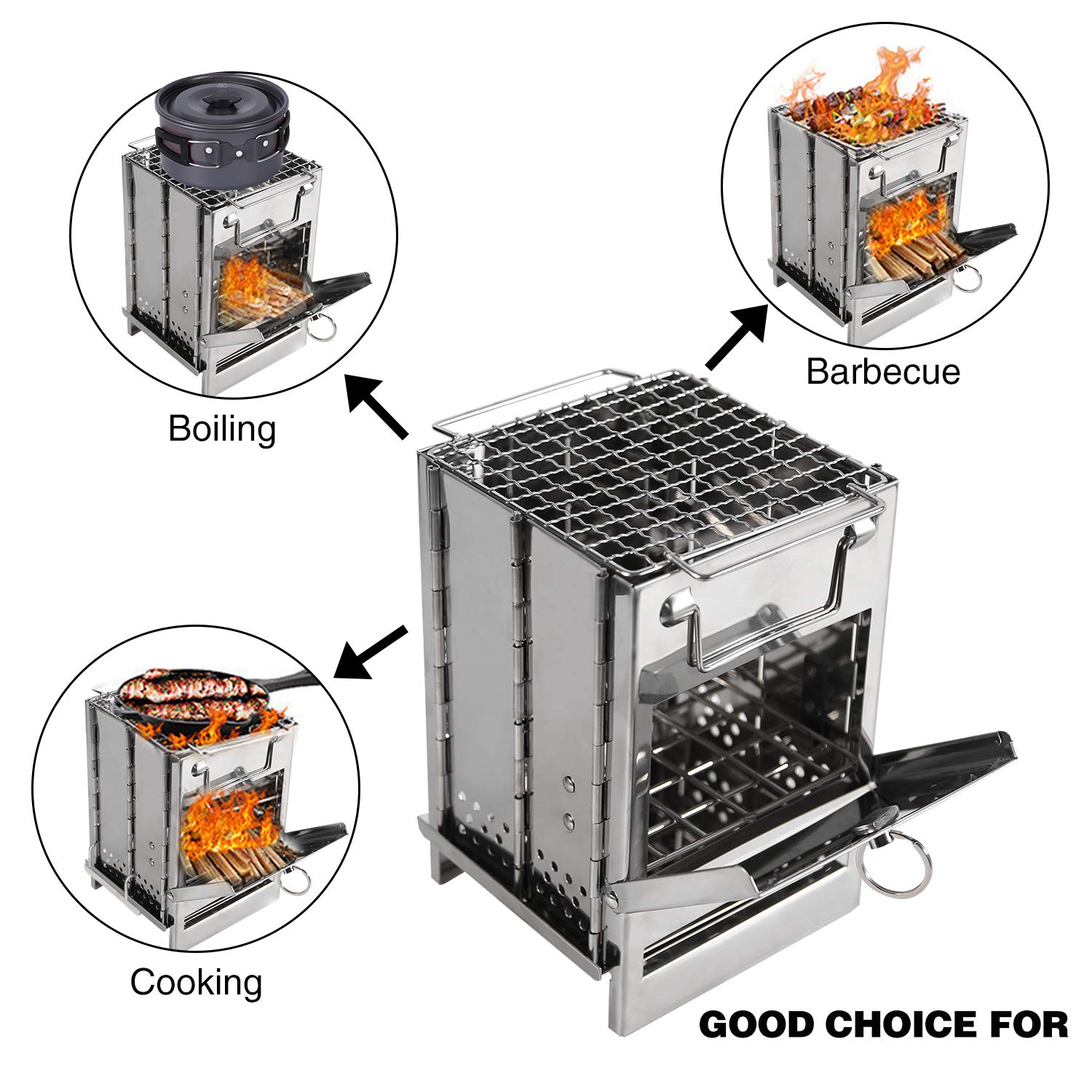 Portable Folding Camping Stove with Grill – Stainless Steel Wood-Burning Fire Pit for Hiking, Backpacking, BBQ & Outdoor Cooking (Silver)