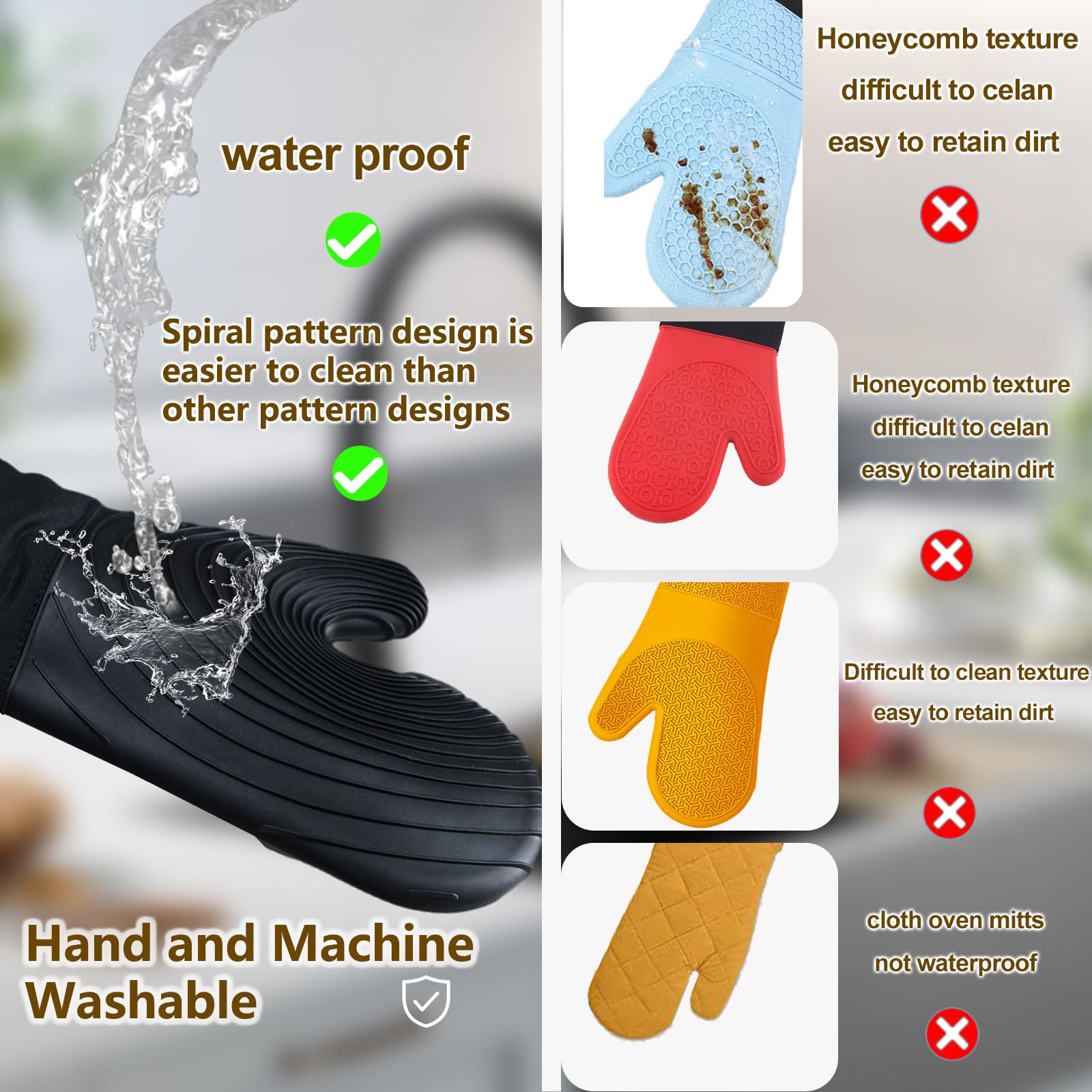 Premium Silicone Oven Mitts – Heat Resistant Up to 500°F, Non-Slip Grip, Easy to Clean, Food Grade & BPA-Free, Ideal for Grilling, Baking, Cooking, Microwave Use (Black)