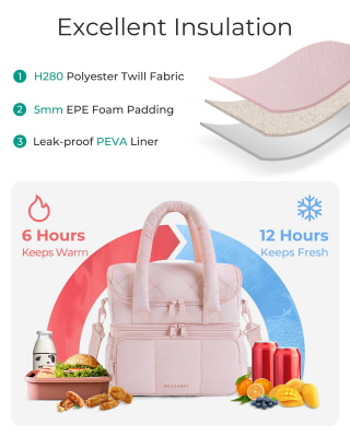 Double-Layer Insulated Lunch Bag with Quilted Design – 11.8L Cooler Tote for Work, Picnics & Travel (Black) | Other Colors Available In-Store