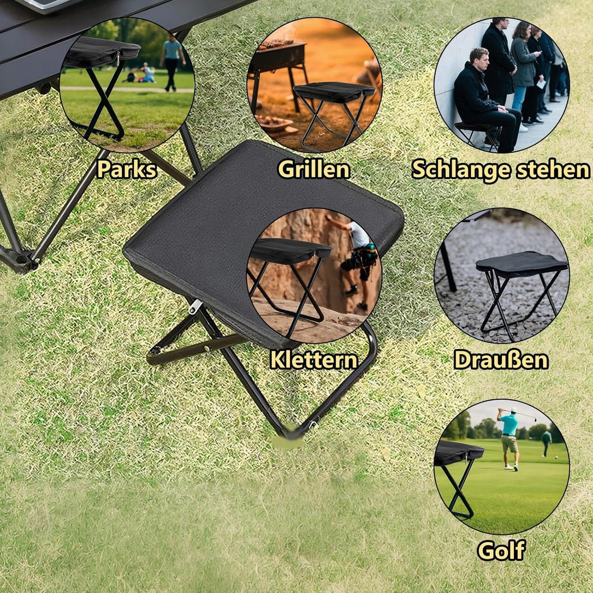 Portable folding camping stool with carrying bag, portable folding chair, folding camping stool, outdoor footrest for travel, walking, hiking, fishing, picnics and barbecues (black)