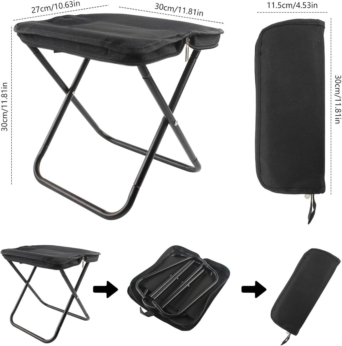 Portable folding camping stool with carrying bag, portable folding chair, folding camping stool, outdoor footrest for travel, walking, hiking, fishing, picnics and barbecues (black)