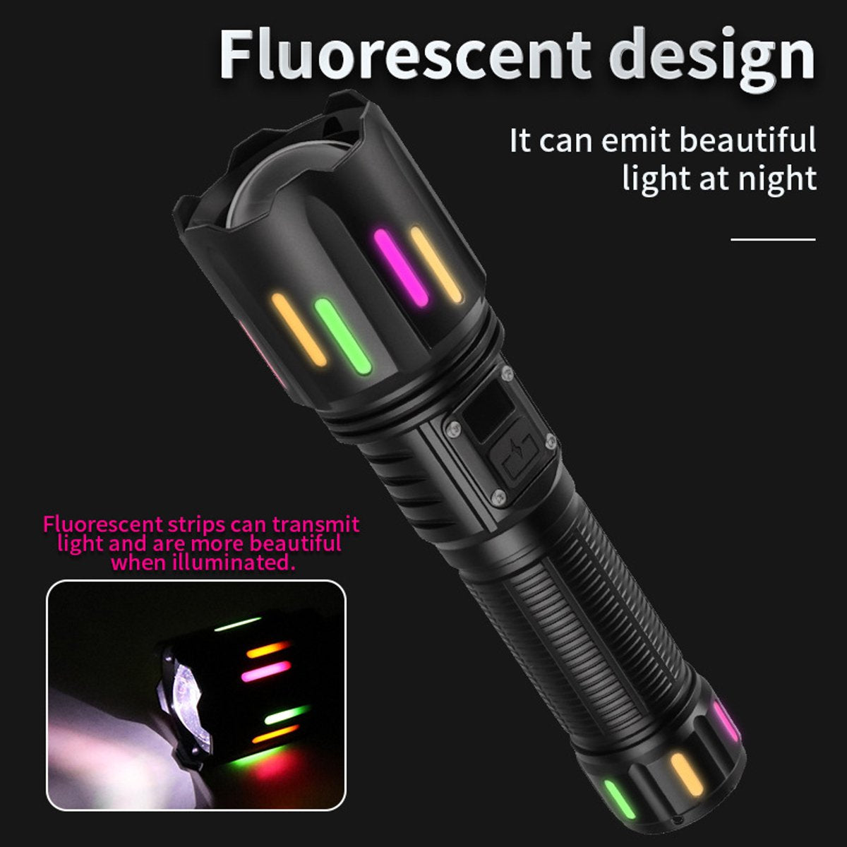 High power white laser LED flashlight, rechargeable zoom waterproof Type-C flashlight for outdoor use - batteries not included.
