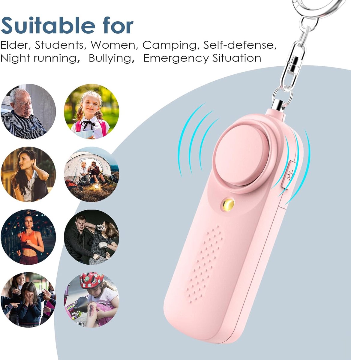 Personal alarm - 130 dB - Security siren - Self-defense siren - With LED light-up keychain - For children, women, students and seniors (pink)