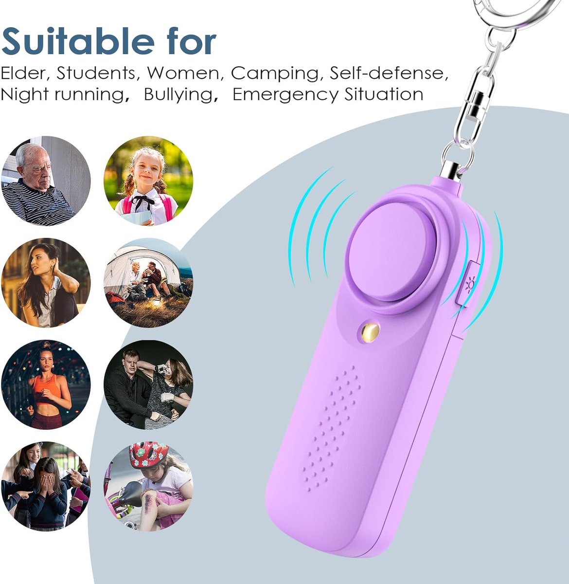 Personal Alarm - 130 dB - Security Siren - Self-Defense Siren - With LED Light-Up Keyring - For Children, Women, Students and Seniors (Purple)