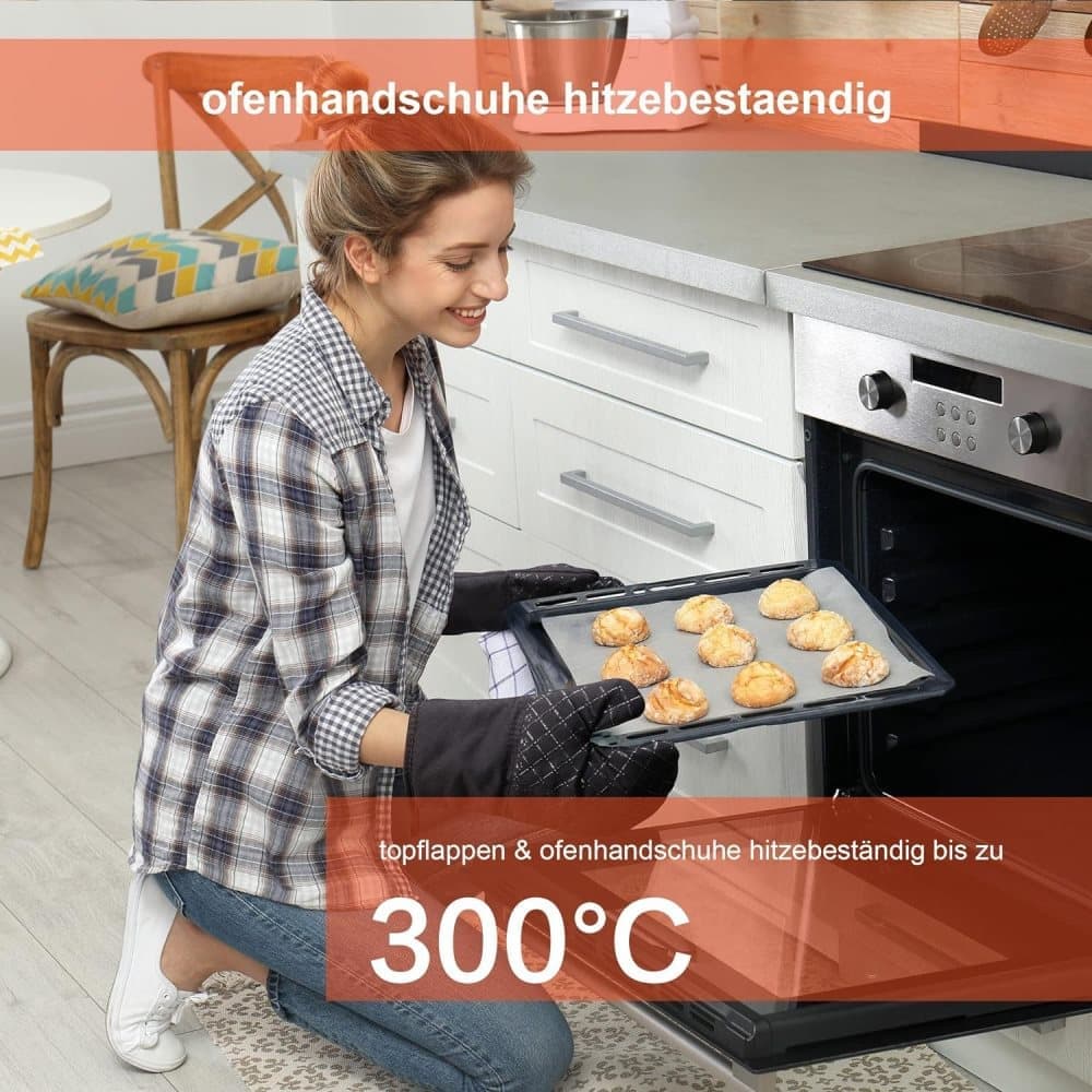 Heat Resistant Oven Mitts & Grill Gloves Anti-Slip Kitchen Potholders, Black, up to 300°C, Compatible with Cooking and Baking