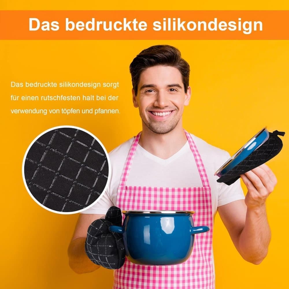Heat Resistant Oven Mitts & Grill Gloves Anti-Slip Kitchen Potholders, Black, up to 300°C, Compatible with Cooking and Baking