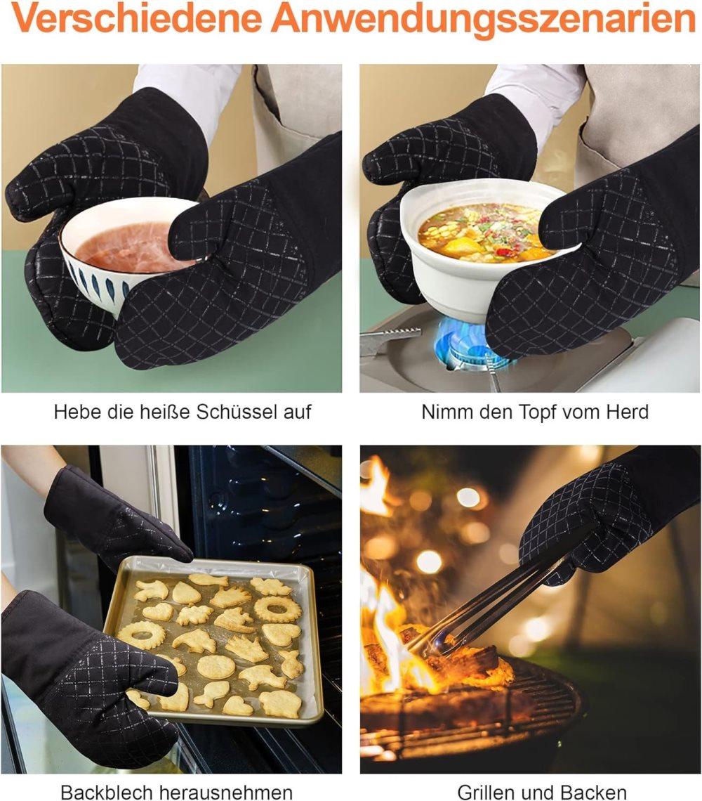 Heat Resistant Oven Mitts & Grill Gloves Anti-Slip Kitchen Potholders, Black, up to 300°C, Compatible with Cooking and Baking
