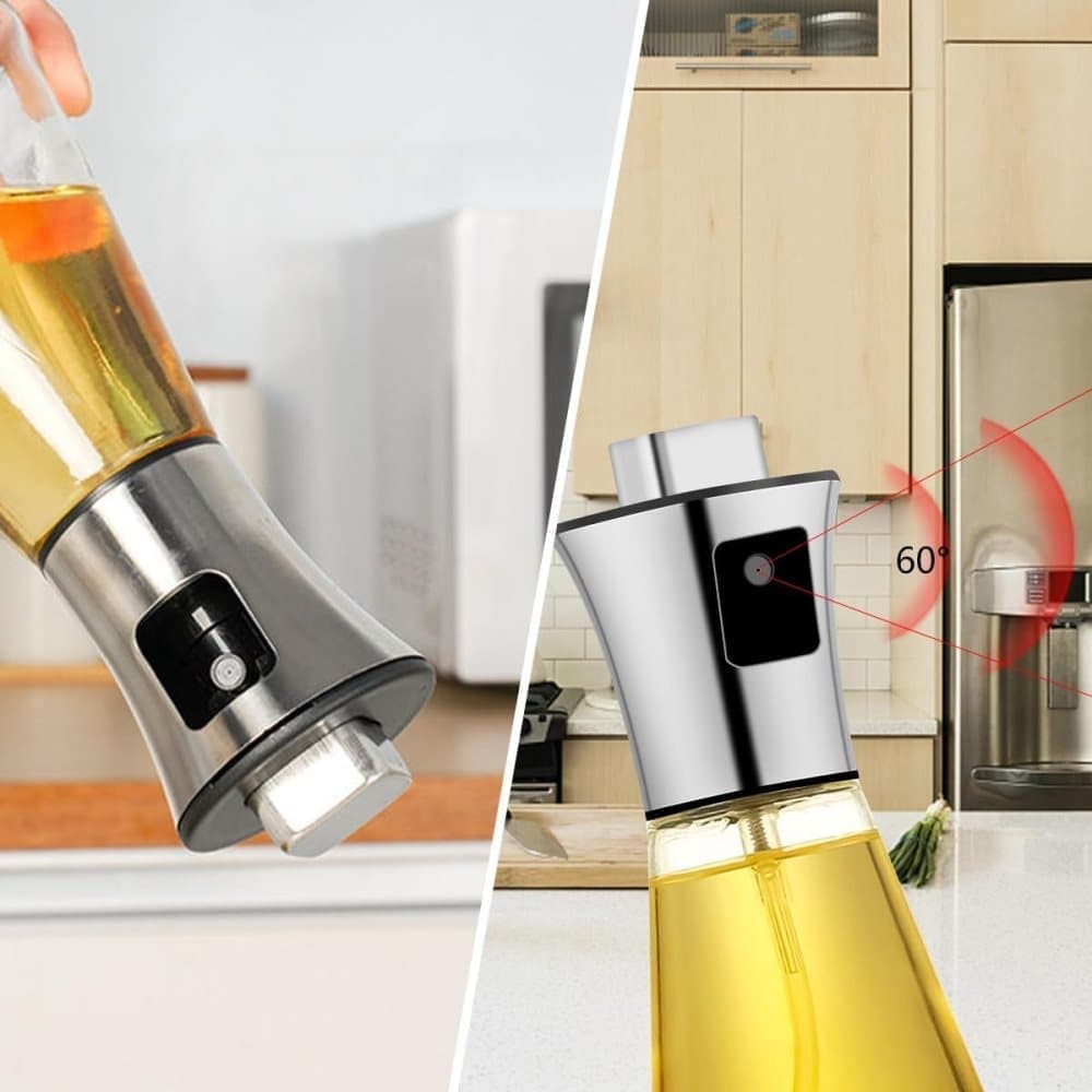 Stainless Steel and Glass Oil Spray Bottle 200 ml, Conical Design for Cooking Grilling Baking