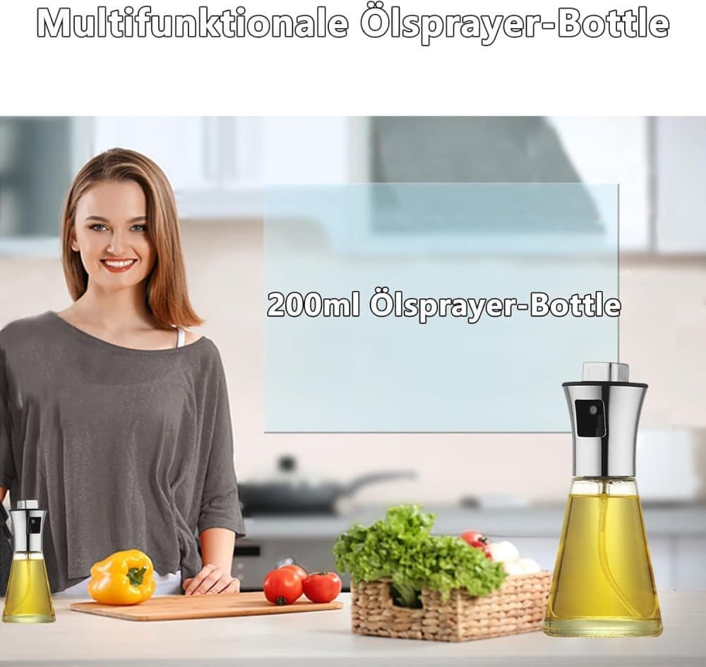 Stainless Steel and Glass Oil Spray Bottle 200 ml, Conical Design for Cooking Grilling Baking