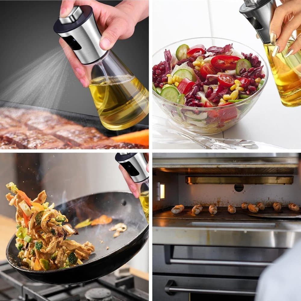 Stainless Steel and Glass Oil Spray Bottle 200 ml, Conical Design for Cooking Grilling Baking