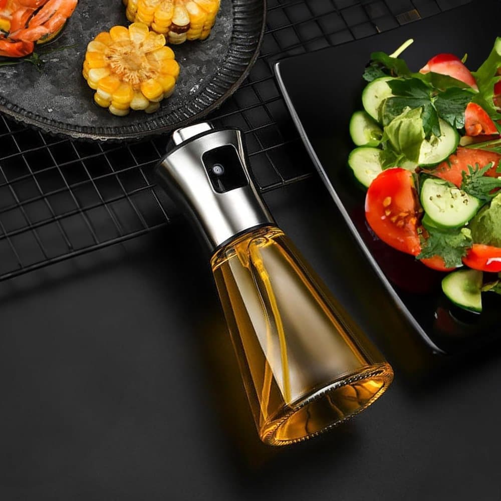 Stainless Steel and Glass Oil Spray Bottle 200 ml, Conical Design for Cooking Grilling Baking