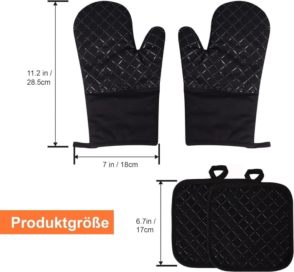 Heat-Resistant Oven Mitts and Grill Gloves 1 Pair, Anti-Slip for Kitchen Cooking Baking, Black