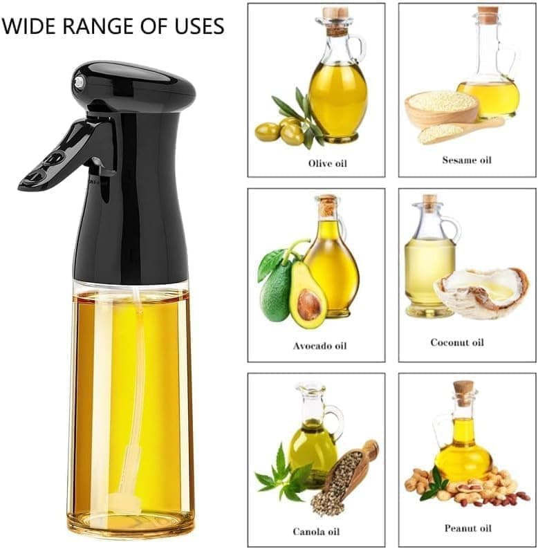 1PC Oil Spray 220 ml, BPA-free Glass Bottle for Cooking & Grilling, Even Spray, Compatible with Oil and Vinegar, Black