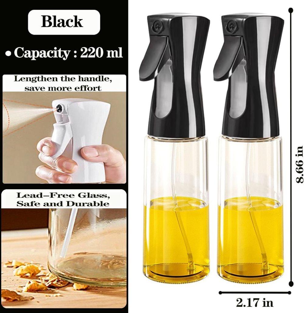 1PC Oil Spray 220 ml, BPA-free Glass Bottle for Cooking & Grilling, Even Spray, Compatible with Oil and Vinegar, Black