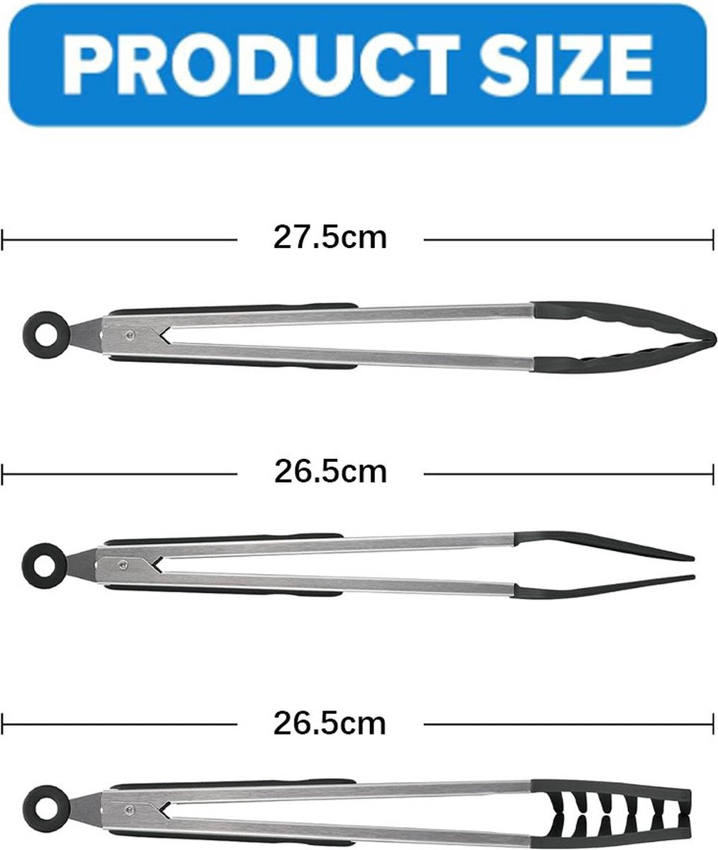 Meat Tongs - Set of 3 - Kitchen Tongs - Spaghetti Tongs - Pasta Tongs - Serving Tongs - Cooking Tongs - With Support Feet and Hanging Holes - Salad Tongs - Asparagus Tongs - BBQ Tongs - BBQ Accessories - Stainless Steel and Silicone - Kitchen Utensils - F