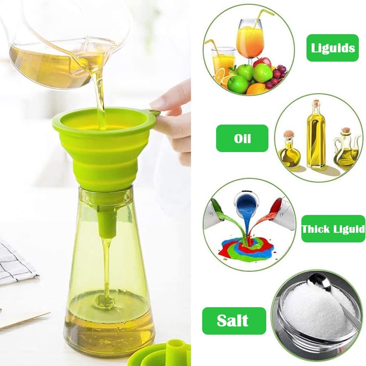 Funnel - Professional Funnel - Foldable Silicone Funnel - Multifunctional - Heat Resistant - Easy to fold and store - Hangable - Cooking Kitchen Accessories Gadgets - Green - 1 piece