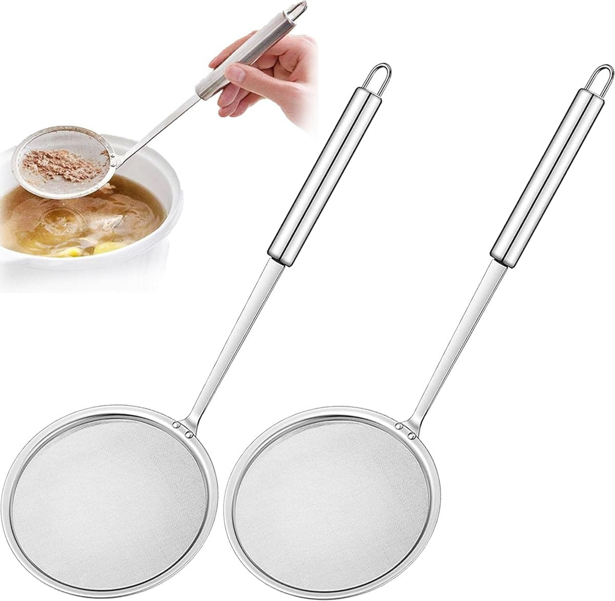Skimmer - 2 Pieces - Deep-frying Spoon - Deep-frying Scoop - Food Sieve - Skimmer Spoon - Colander Spoon - Draining Potatoes/Vegetables/Pasta - Cooking Supplies - Kitchen Tools - Skimmer Spoon - Sieve - Colander - Hanging - With Handle - ø14 cm - Stainles