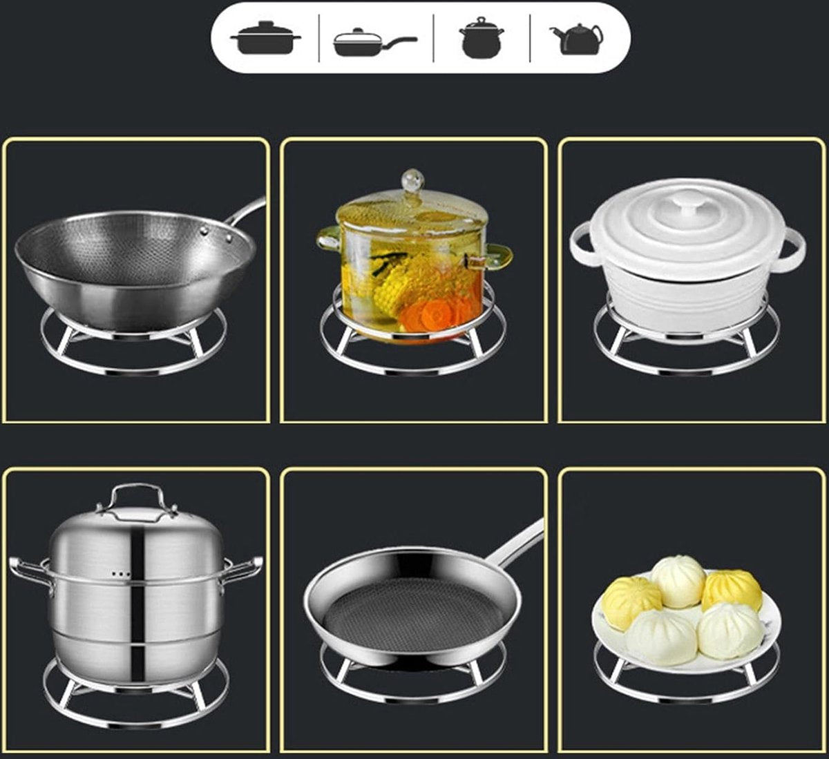 Pan Rack - Pot Stand - Stainless Steel Grill Holder - Steam Grid - Cooking Stand - Pan Trimmer - Pot Trimmer - Scratch-Resistant - Heat Resistant - For Hot Dishes - Pan Accessories - Round - Stainless Steel
