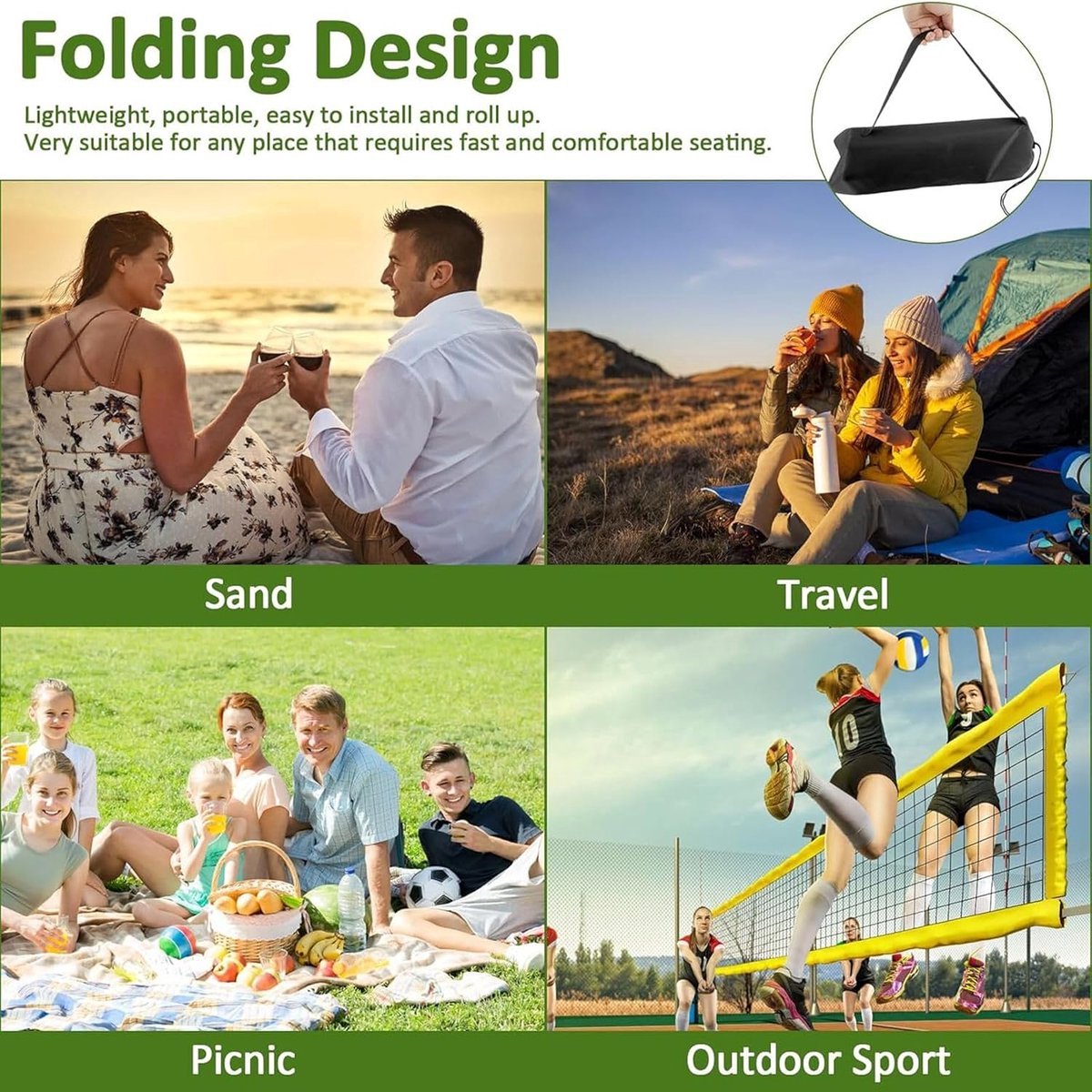 Beach Mat - Foldable Beach Chair - Camping Chair - Beach Mat with Backrest - Outdoor Camping Chair - Collapsible Beach Mat - Lightweight - Portable Sun Lounger - With Storage Bag - Soft Sponge Filling Cushion - Black