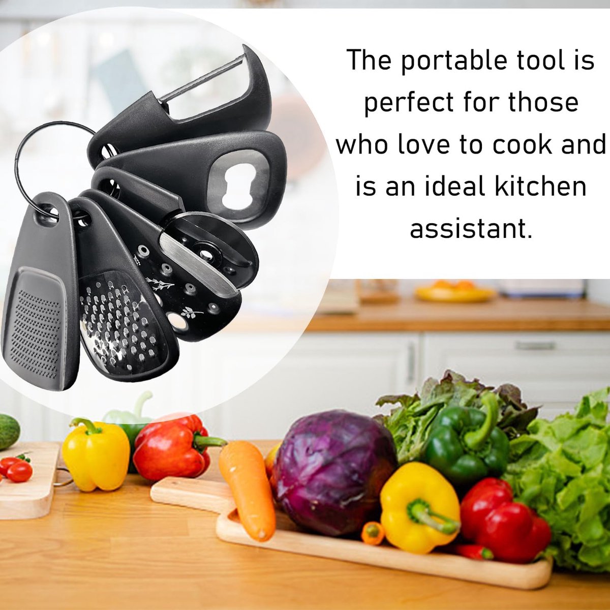 6-piece - kitchen tool set - Multifunctional kitchen tool - portable carabiner - fruit and vegetable peeler - cheese cutter - bottle opener - garlic press - ginger grinder - pizza cutter - cookware - cooking - baking