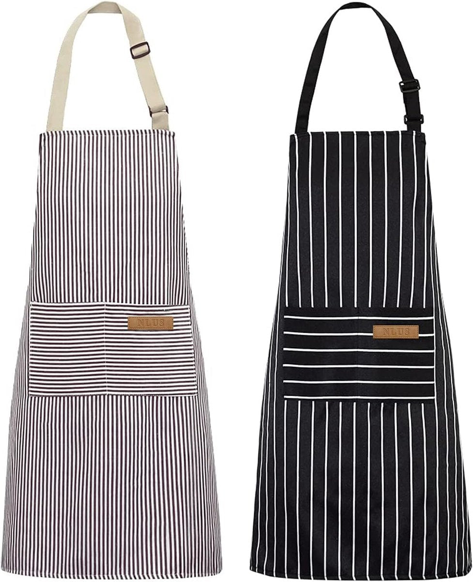 Kitchen Apron - 2 Pieces - Professional Cooking Apron - for Ladies and Gentlemen - Catering Apron - Easily Adjustable - BBQ Apron - Pottery Apron - Cooking Kitchen Aprons - kitchen cooking aprons - soft chef apron with 2 pockets - black/brown stripes