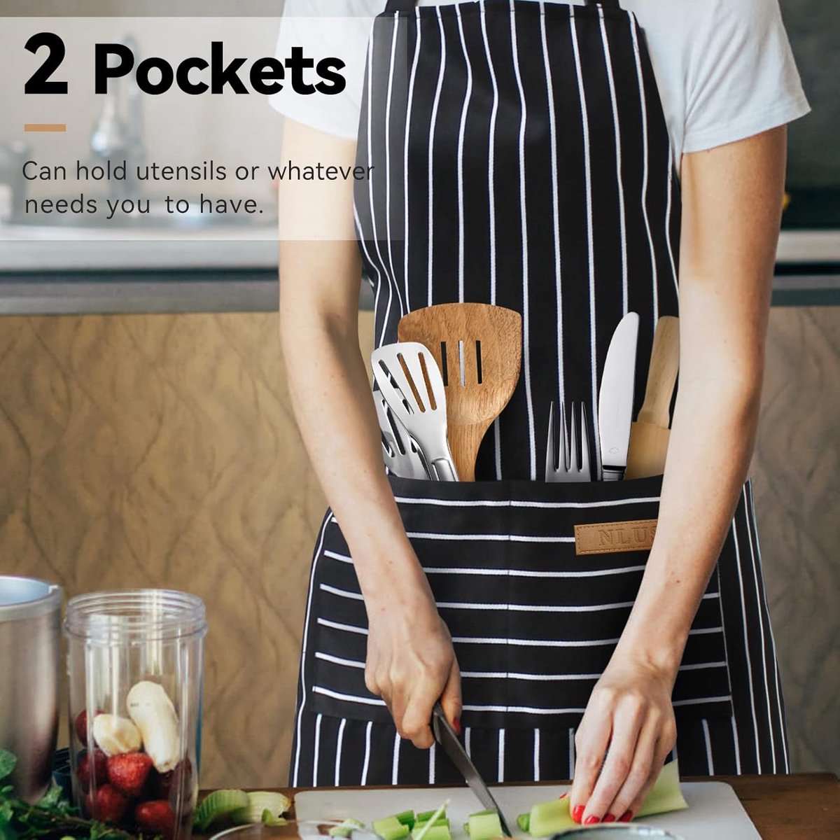 Kitchen Apron - 2 Pieces - Professional Cooking Apron - for Ladies and Gentlemen - Catering Apron - Easily Adjustable - BBQ Apron - Pottery Apron - Cooking Kitchen Aprons - kitchen cooking aprons - soft chef apron with 2 pockets - black/brown stripes