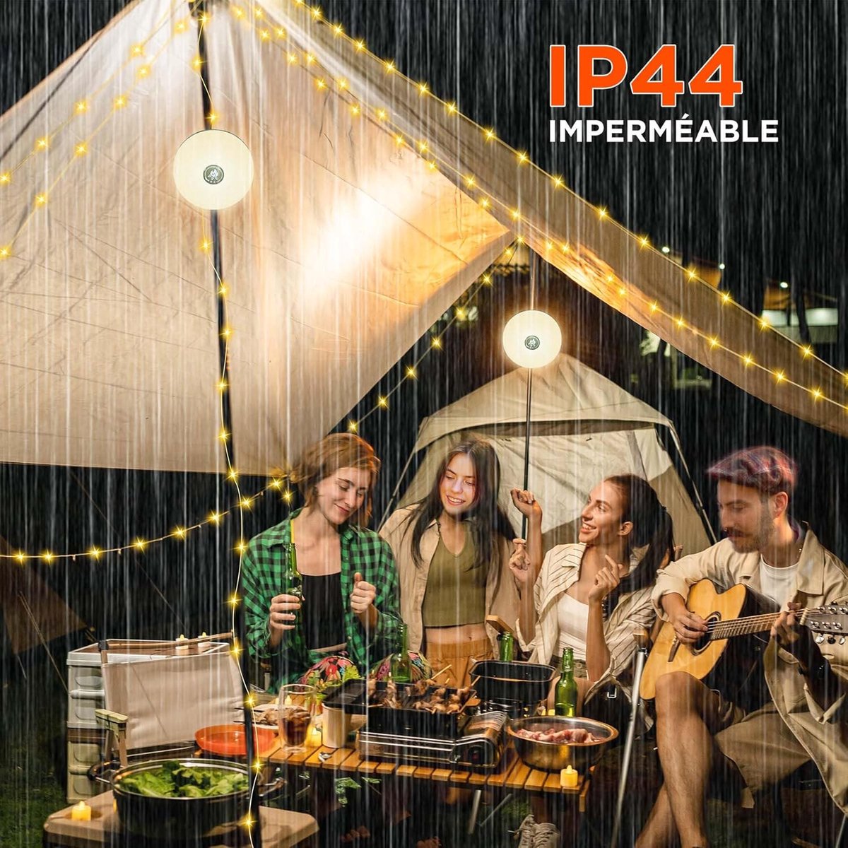 2-Piece Camping Light String 10 M - Warm Lights and Colored Light - Camping Lighting String - Light Garland - Ambience Strip - 4-in-1 Portable - Camp Lamp - Retractable - Waterproof - Solar String Lights - For Camping, Garden, Decoration - USB Rechargeabl