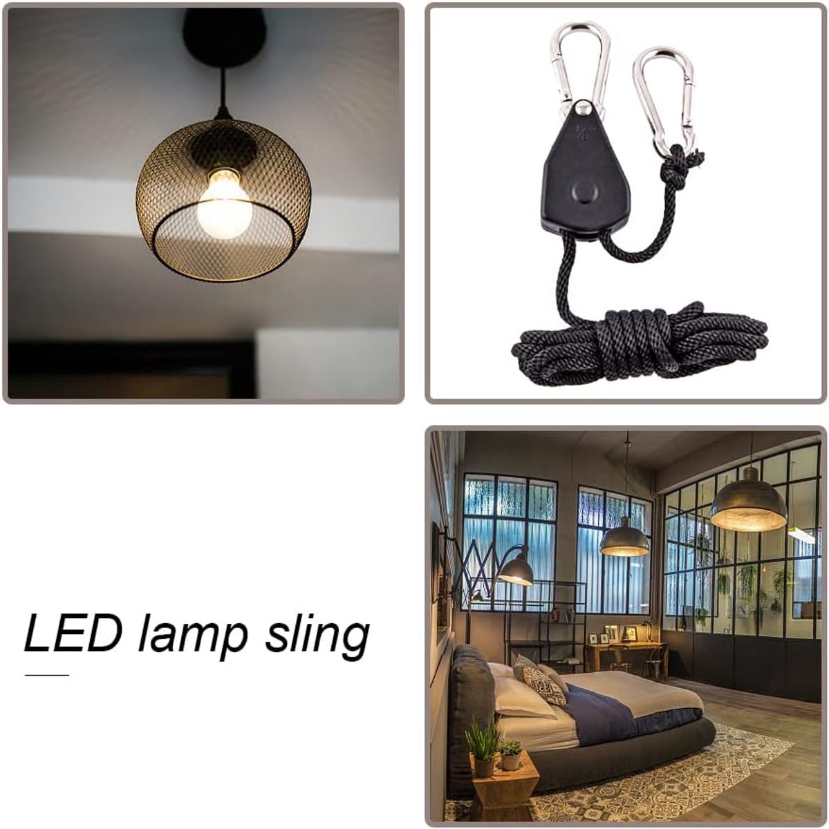 4 pieces - 2m - heavy duty rope hanger - hanger rope - adjustable - plant hanging rope - lamp hanging rope - tent canopy rope stopper buckle - tent guy lines - with pulley - outdoor accessories - for camping and hiking outdoors - black