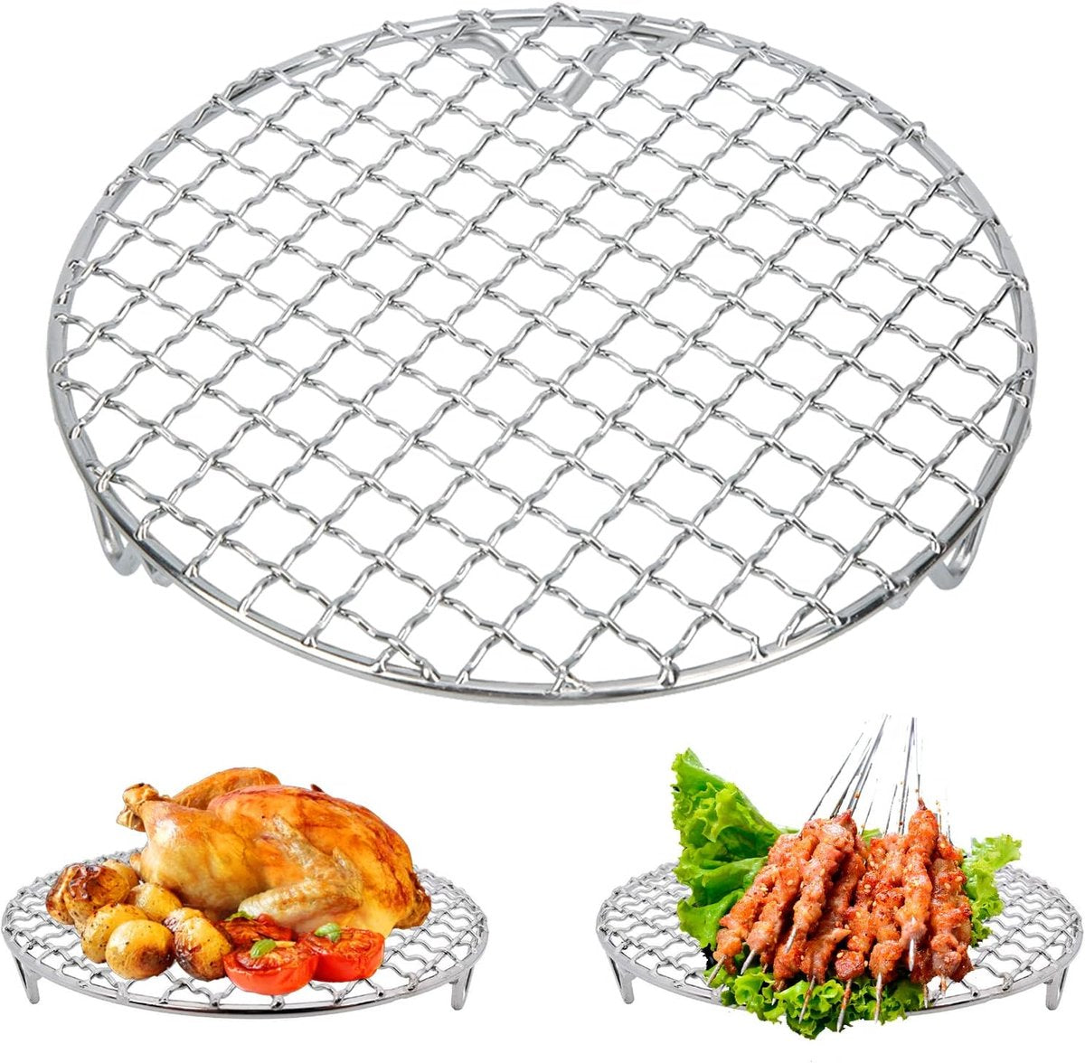 Grill - Grill grate - Grill accessories - Stainless steel grill - Round grill - Cooking and cooling rack - With support legs - For outdoor grilling - Silver - 18 cm/7.1