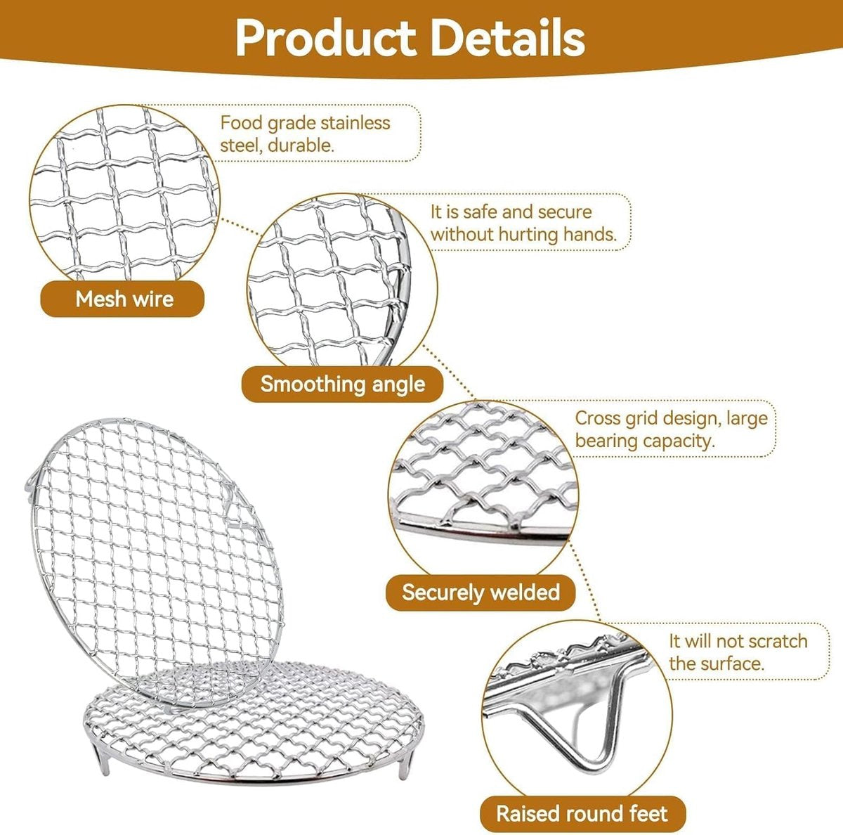 Grill - Grill grate - Grill accessories - Stainless steel grill - Round grill - Cooking and cooling rack - With support legs - For outdoor grilling - Silver - 18 cm/7.1