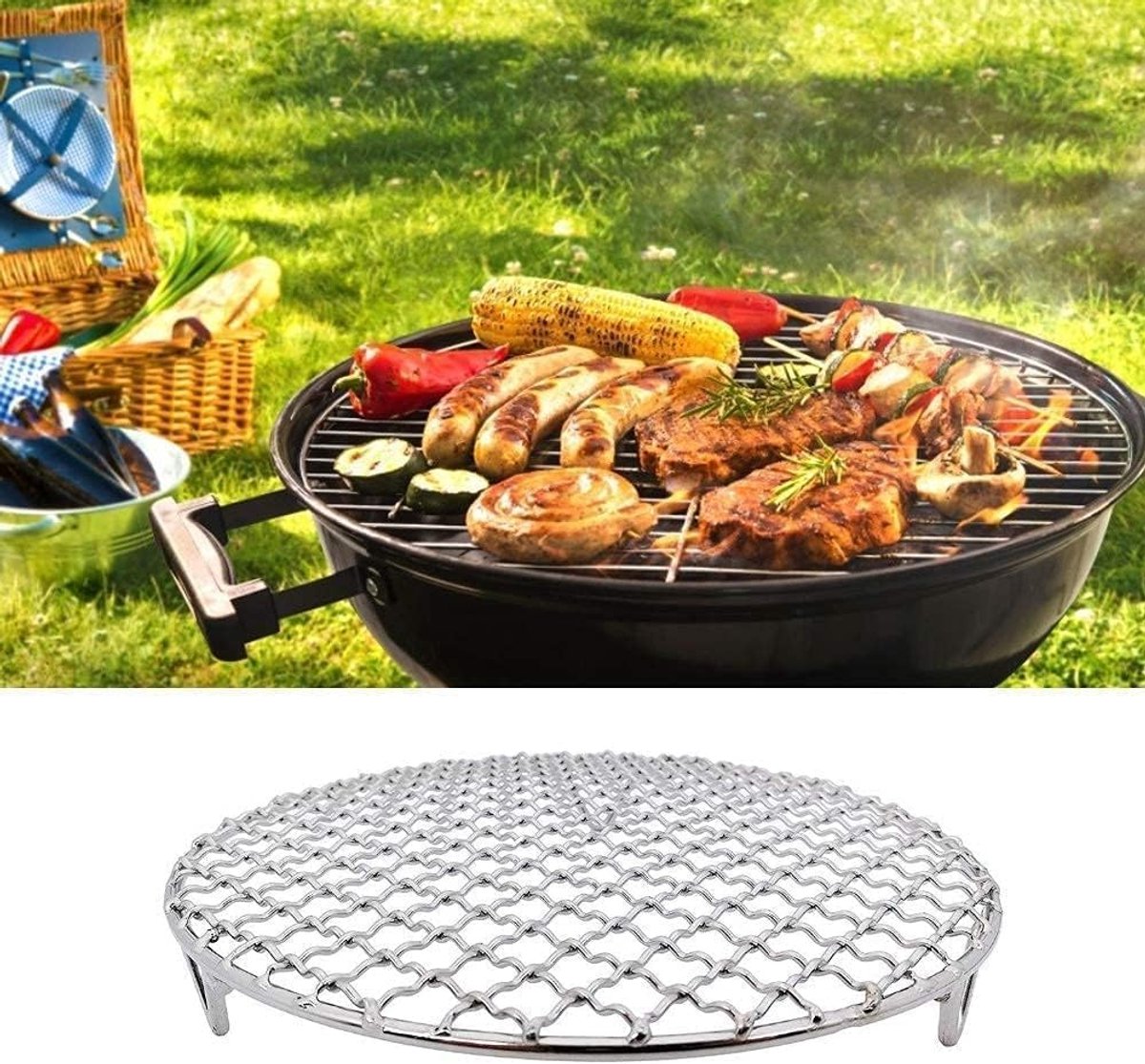 Grill - Grill grate - Grill accessories - Stainless steel grill - Round grill - Cooking and cooling rack - With support legs - For outdoor grilling - Silver - 18 cm/7.1