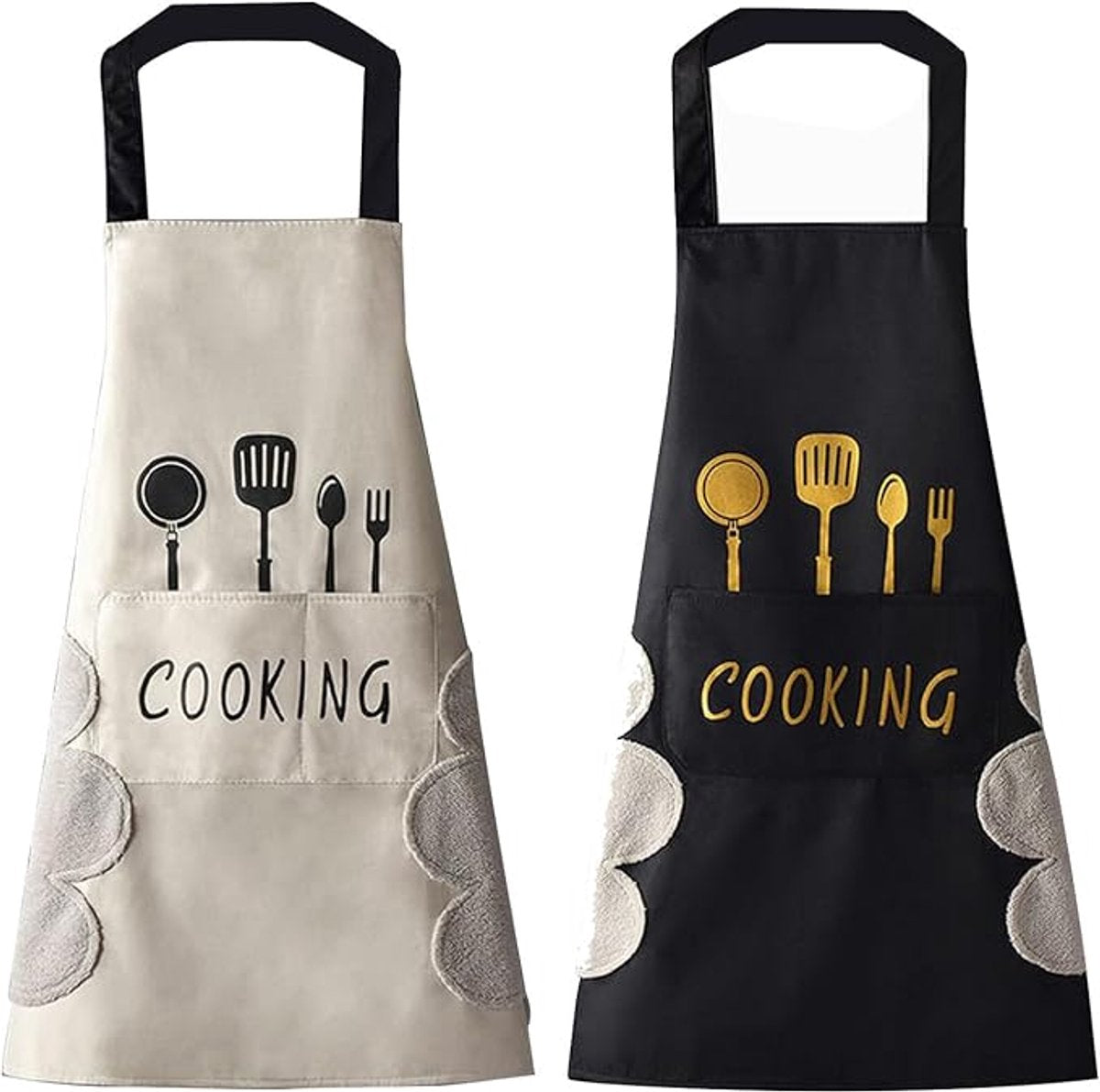 Kitchen Apron - 2 pieces - Professional Cooking Apron - Ladies' Kitchen Apron with Hand-Wipe Pockets - for Ladies and Gentlemen - Professional Cooking Apron - Catering Apron - Large Pocket - Hand-Wipe - Waterproof - for Cooking and Baking - Easily Adjusta
