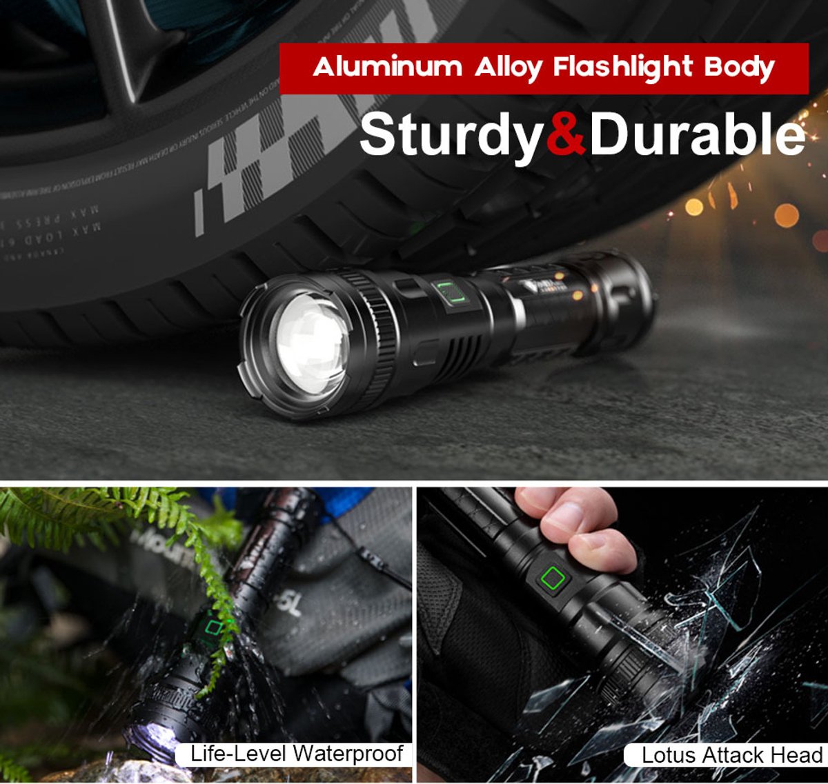 LED Flashlight - With Zoom Function & Waterproof - LED Flashlight - With Zoom Function & Waterproof - Battery-Powered Flashlight - USB Rechargeable - Long Battery Life - 3 Light Modes (Strong / Low / Flash)USB Rechargeable - Long Battery Life - 3 Light Mo