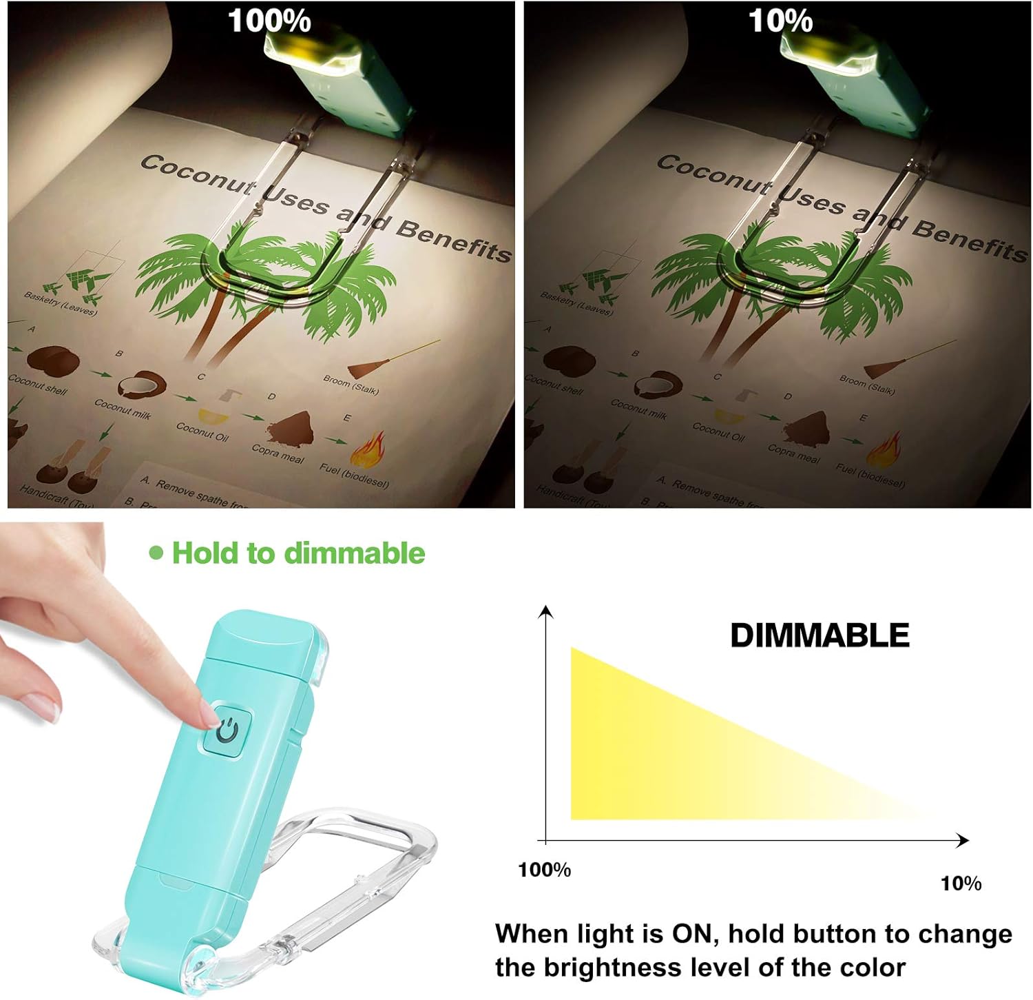Reading Lamp for Books, USB Rechargeable, LED Clip for Reading Lights, Reading Lights for Books in Bed, Small Book Light, Brightness Adjustable for Eye Protection - Blue