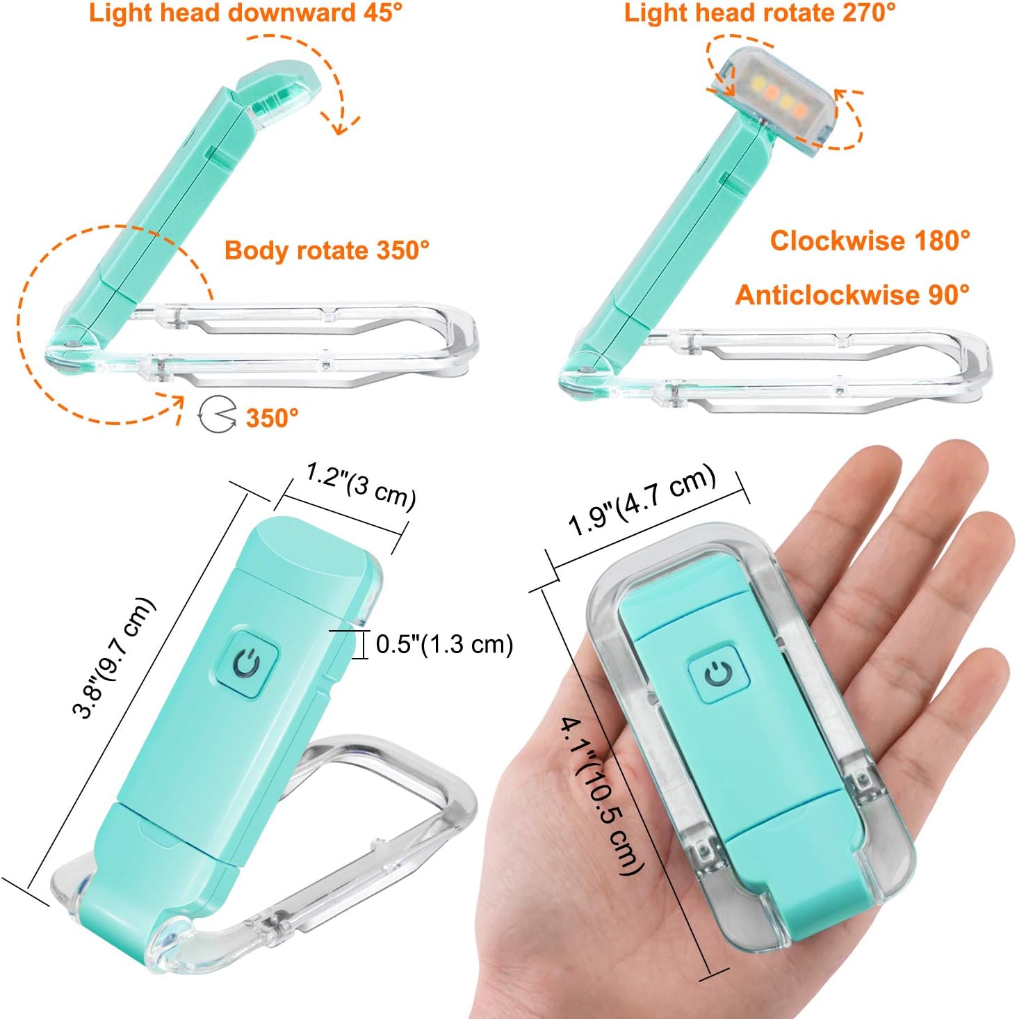 Reading Lamp for Books, USB Rechargeable, LED Clip for Reading Lights, Reading Lights for Books in Bed, Small Book Light, Brightness Adjustable for Eye Protection - Blue