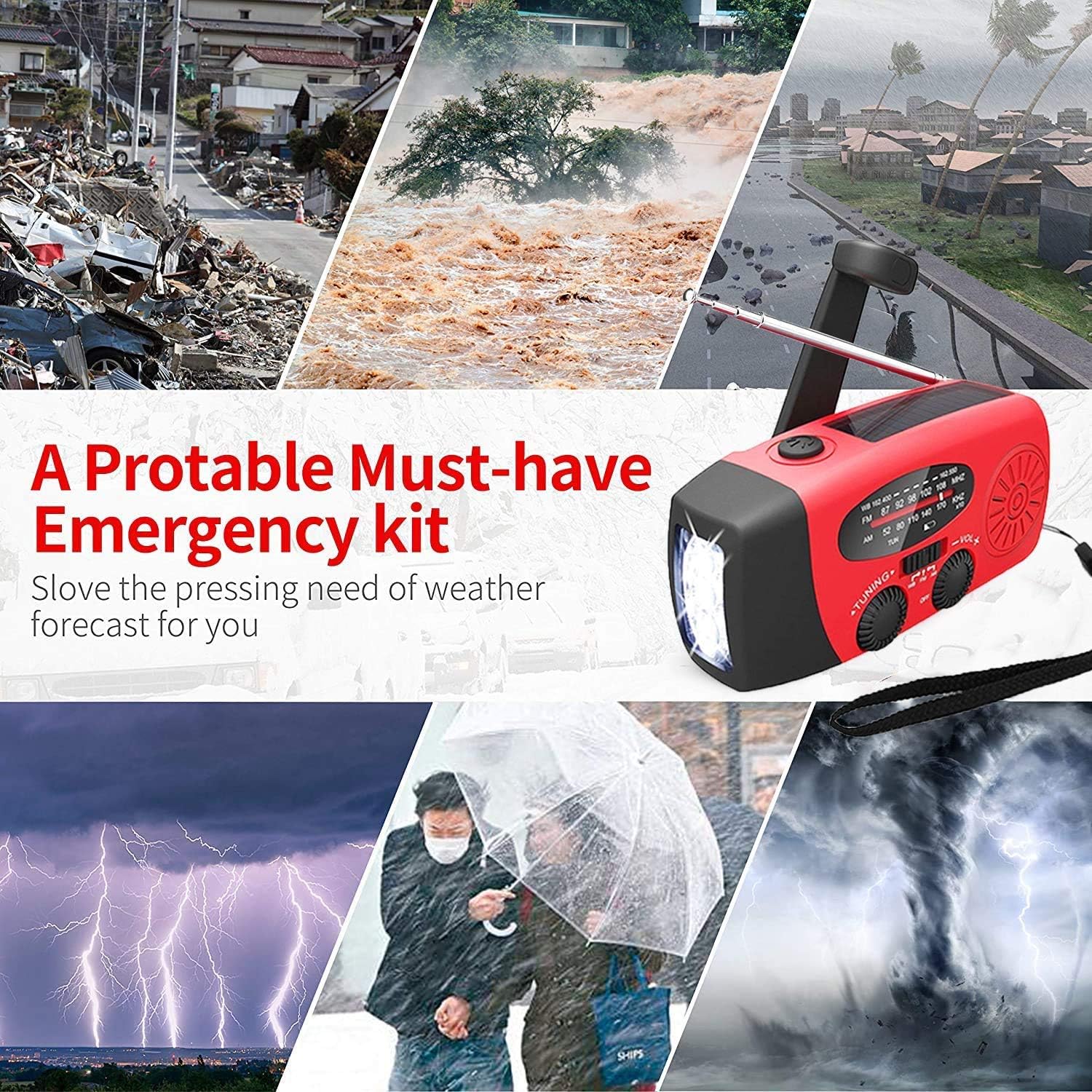 Emergency Radio Solar Wind-Up - Model 2025 - 2000 mAh Power Bank - AM/FM Radio with Flashlight & SOS - Emergency Kit for Camping & Disasters - Red