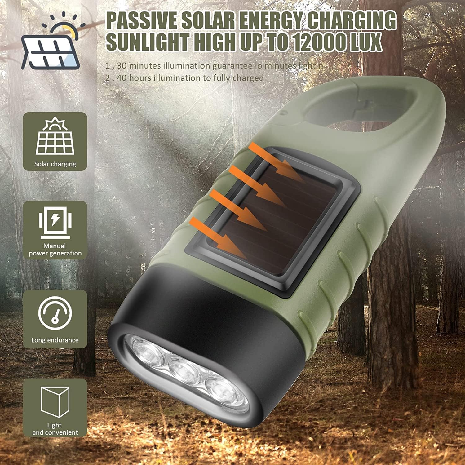 Emergency Flashlight - Military Clamp Rechargeable - Dynamo & Solar Powered - For Emergency Kits and Power Outages - Black - Set of 2