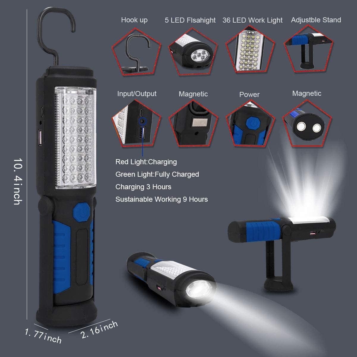 Rechargeable LED Work Light Portable Multi-use Flashlight, Magnetic Flashlight LED & Hanging Hook, Waterproof,for Car Repairing, Blackout,Household and Emergency