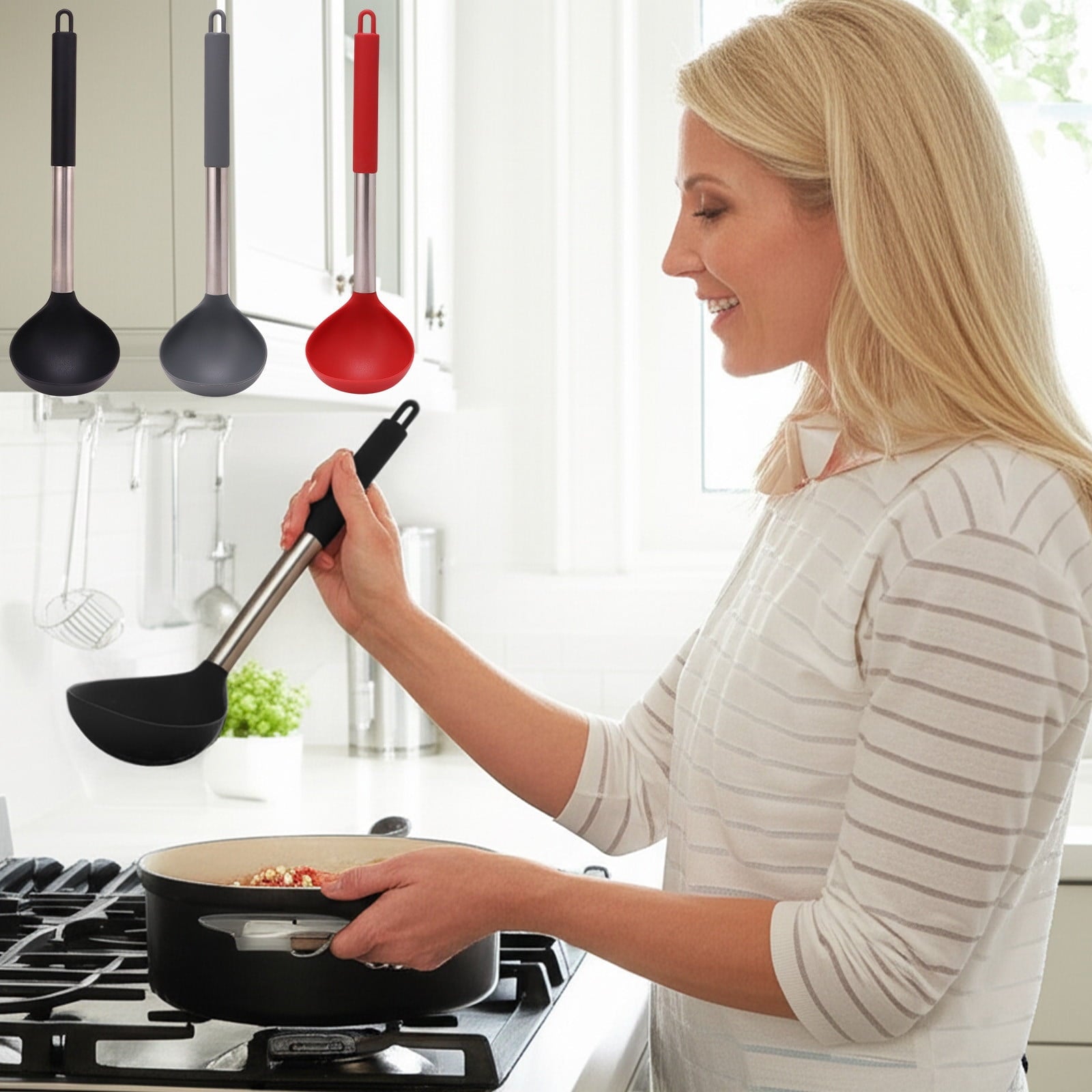 Tyidzon Kitchen Soup Ladle, Heat Resistant Silicone Ladle Lightweight Non Stick Kitchen Tools Spoons for Cooking, Stirring, Serving Soups(Red, 12") Black