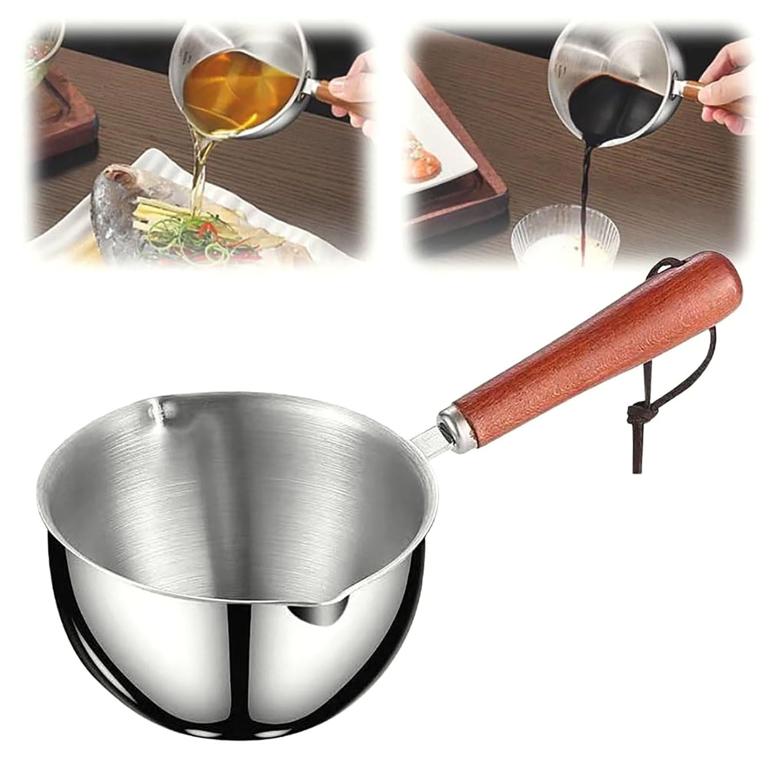 JWDX Cooking Utensils Clearance, Stainless Hot Oil Pot with Wooden Handle New Oil Pot Container for Kitchen Cooking Oil Strainer Pot A