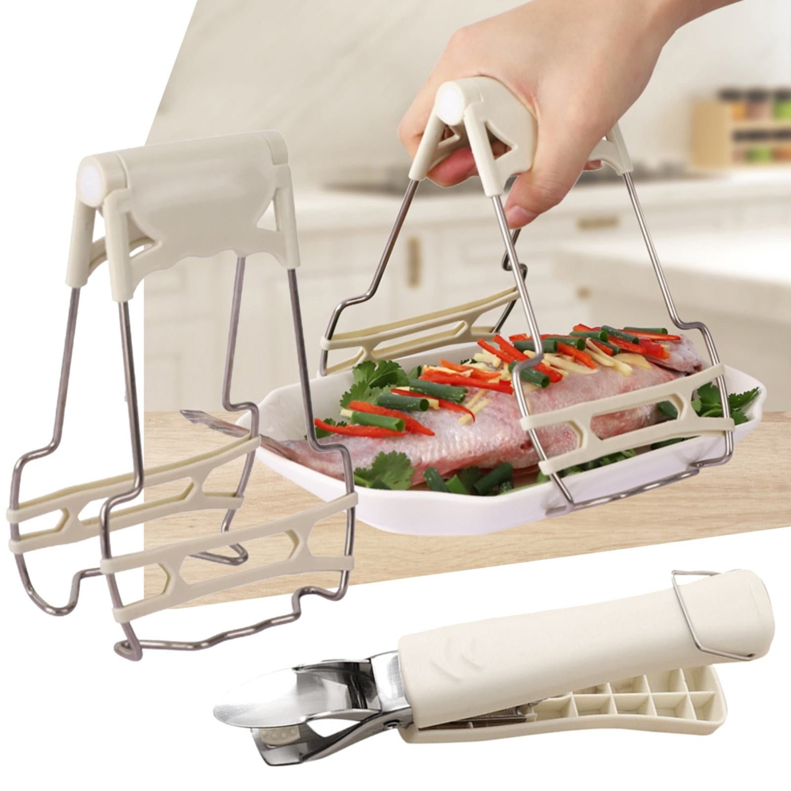 JWDX Food Clips Clearance, Stainless Steel Anti Hot Bowl Dish Plate Clip Clamp Holder for Moving Hot Plate Or Bowls with Food Out From Microwave Oven Kitchen Tool Tongs for Cooking Beige
