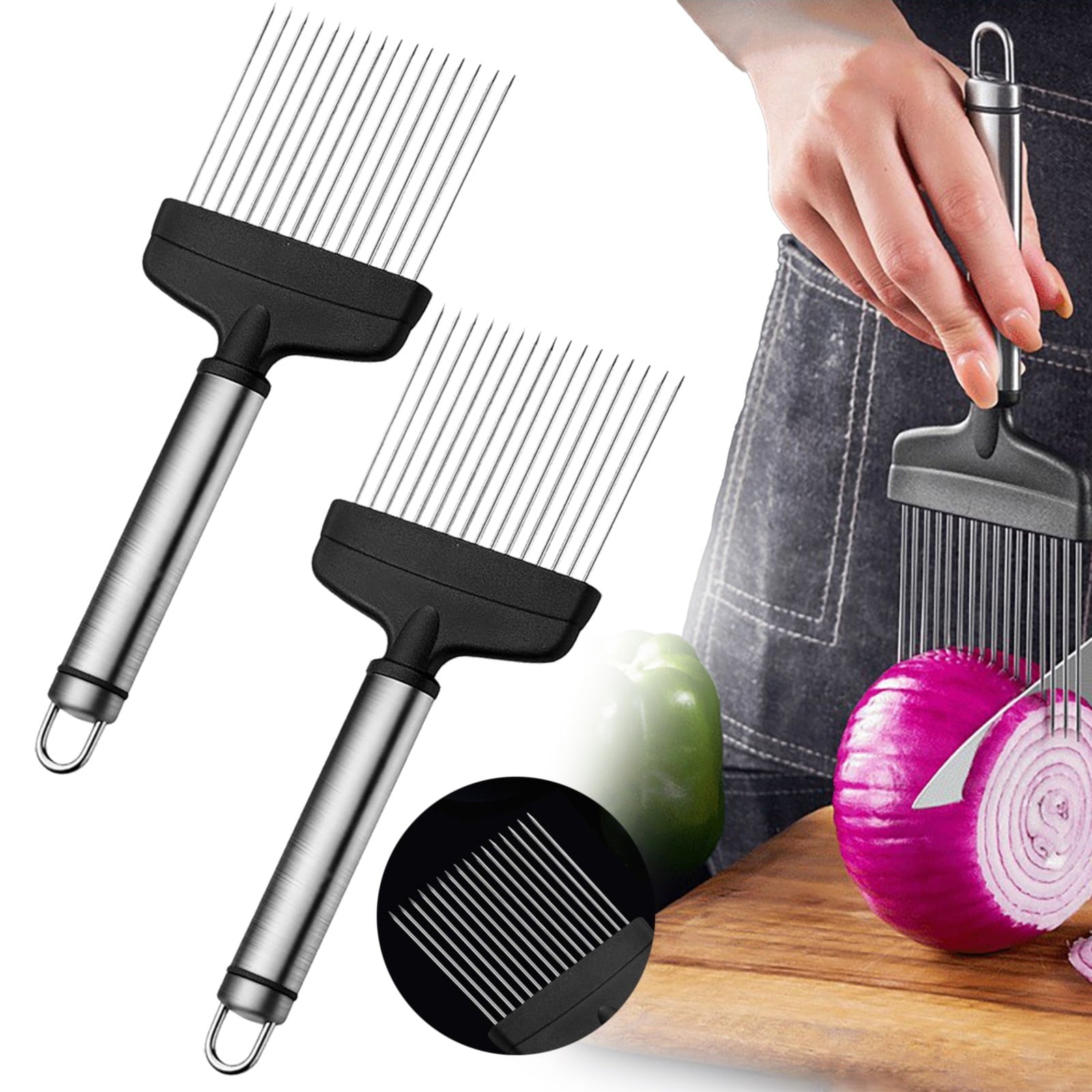JWDX Cooking Utensils Clearance, Onion Slicer Stainless Steel Onion Cutter Onion Holder for Slicing and Storage Onions Tomato Eggs and Vegetables Protective Cover Included Dishwasher B