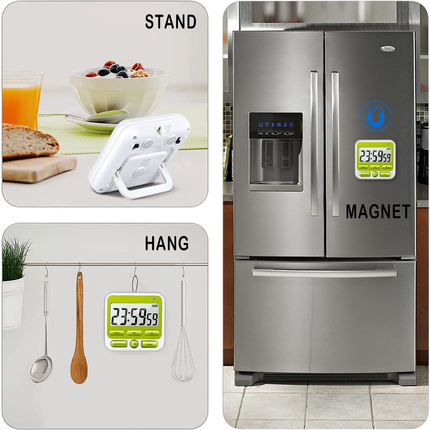 Digital Countdown Kitchen Timer -Count Up Down Magnetic Timer Clock for Cooking Baking Gym Students Green