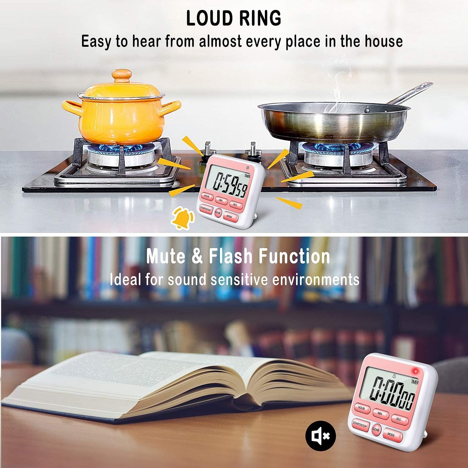 Digital Countdown Kitchen Timer -Count Up Down Magnetic Timer Clock for Cooking Baking Gym Students Pink