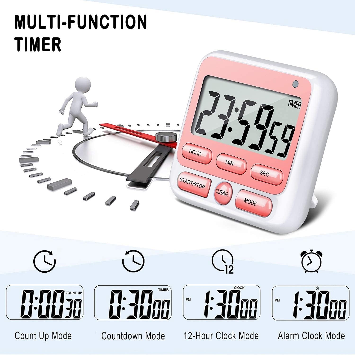 Digital Countdown Kitchen Timer -Count Up Down Magnetic Timer Clock for Cooking Baking Gym Students Pink
