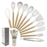 Kitchen Utensil Set - Silicone Spatula Set - Cooking Utensils with Holder - Wooden Spoons - Non-Stick - Pan Scrapers - Heat Resistant - Whisk - Serving Tongs - Baking Utensils - Kitchen Starter Kit - Scratch-Free - White - 12 Pieces