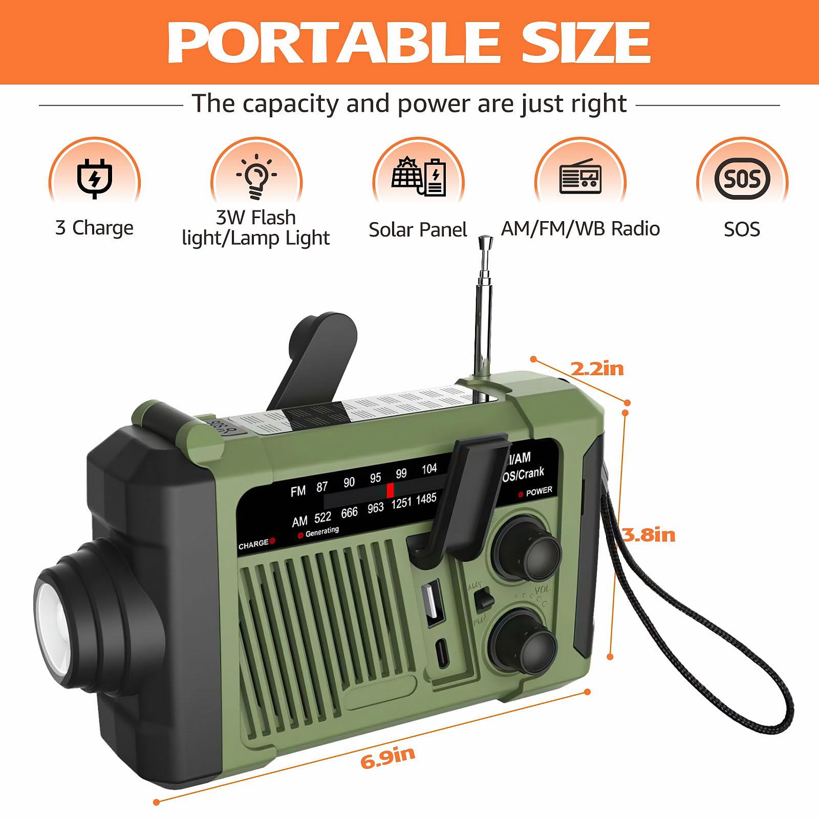 Wind-up Radio - Solar Radio - World Receiver - Portable Radio - Flashlight with Dynamo - Powerbank Function - Camping Radio - Outdoor Gadgets - Rechargeable Flashlight - USB Charger - FM AM Receiver - Hiking - Green - 1 Piece