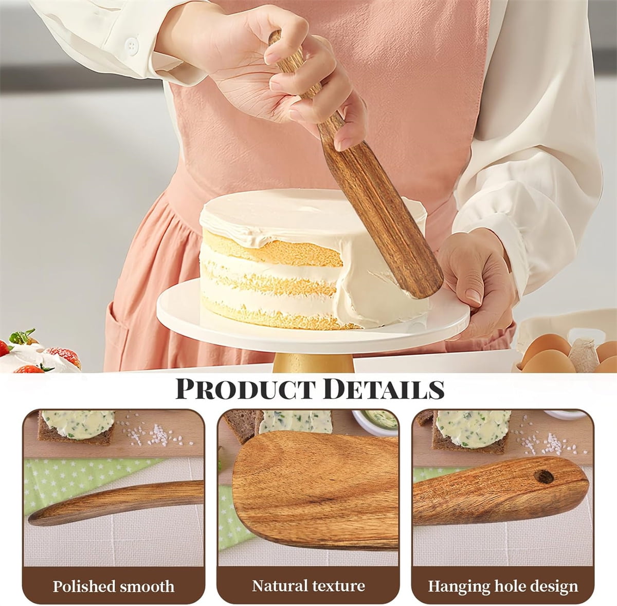 Tutuviw Teak Wooden Spurtle for Sourdough Starter, Spreading, Baking, Mixing Stirring Stick, Reaching Bottom of Jar, Scraper Kitchen Utensils for Cooking Bread, Dough Whisk, 2 Pack